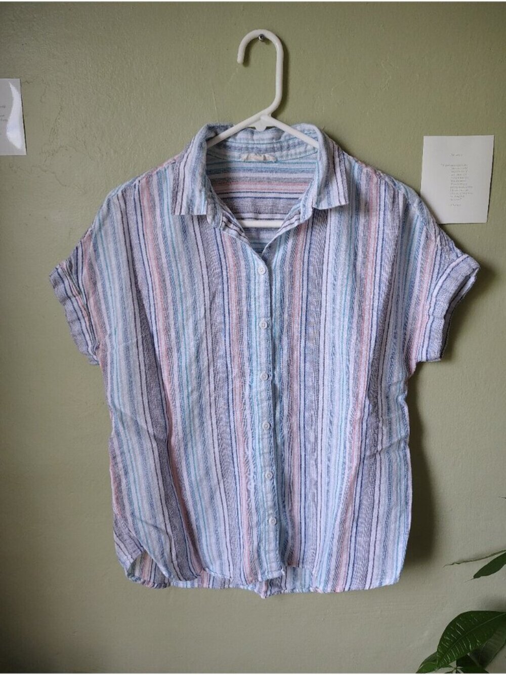 BeachLunchLounge Women's Medium Linen/Cotton Pastel Striped Button-Down Top